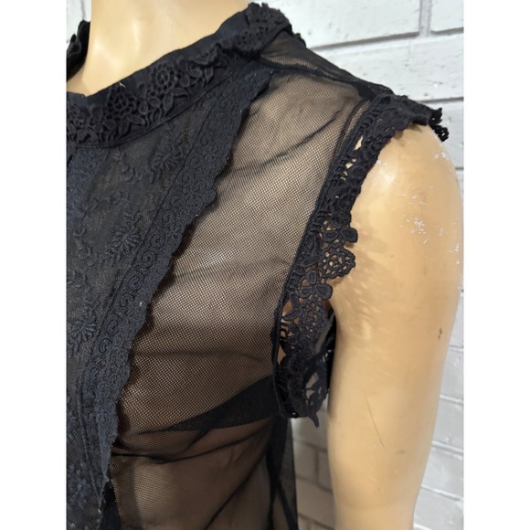 Womens Black Lace Sheer‎ Mock Neck Sleeveless Top Dark Academia Fairy Grunge - Picture 4 of 6